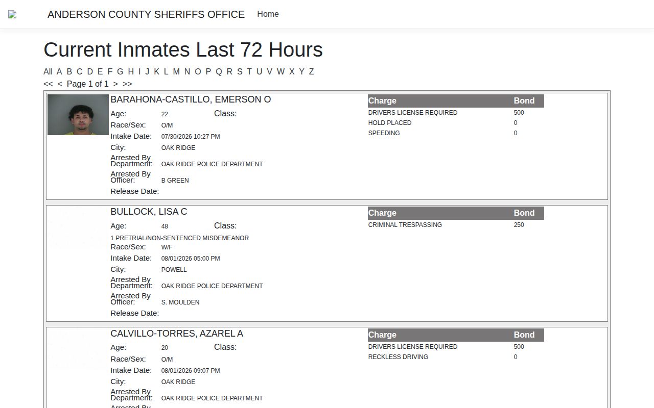 Anderson County 72-hour portal showing intake and Release Date fields