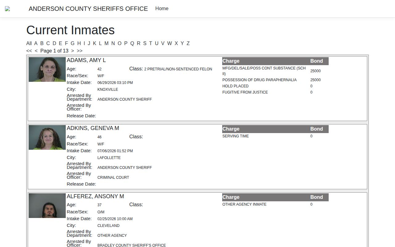 Anderson County Detention Facility current roster used to distinguish custody from release