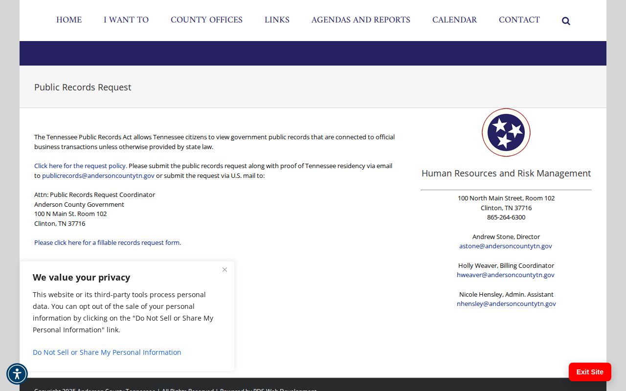 Anderson County release record request form and policy links