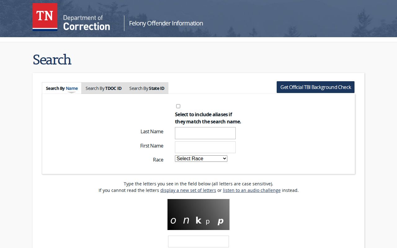 TDOC FOIL fields for Anderson County released inmate searches