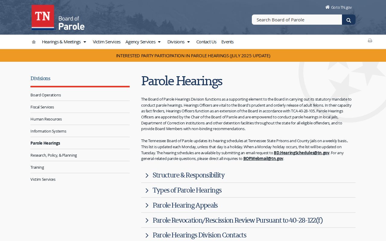 Anderson County parole hearing schedule and supervision information